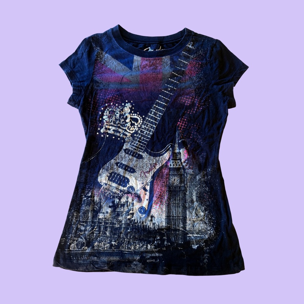 Y2K Fender Guitar Graphic Tee Union Jack Rhinestone Top Scene Rocker #17